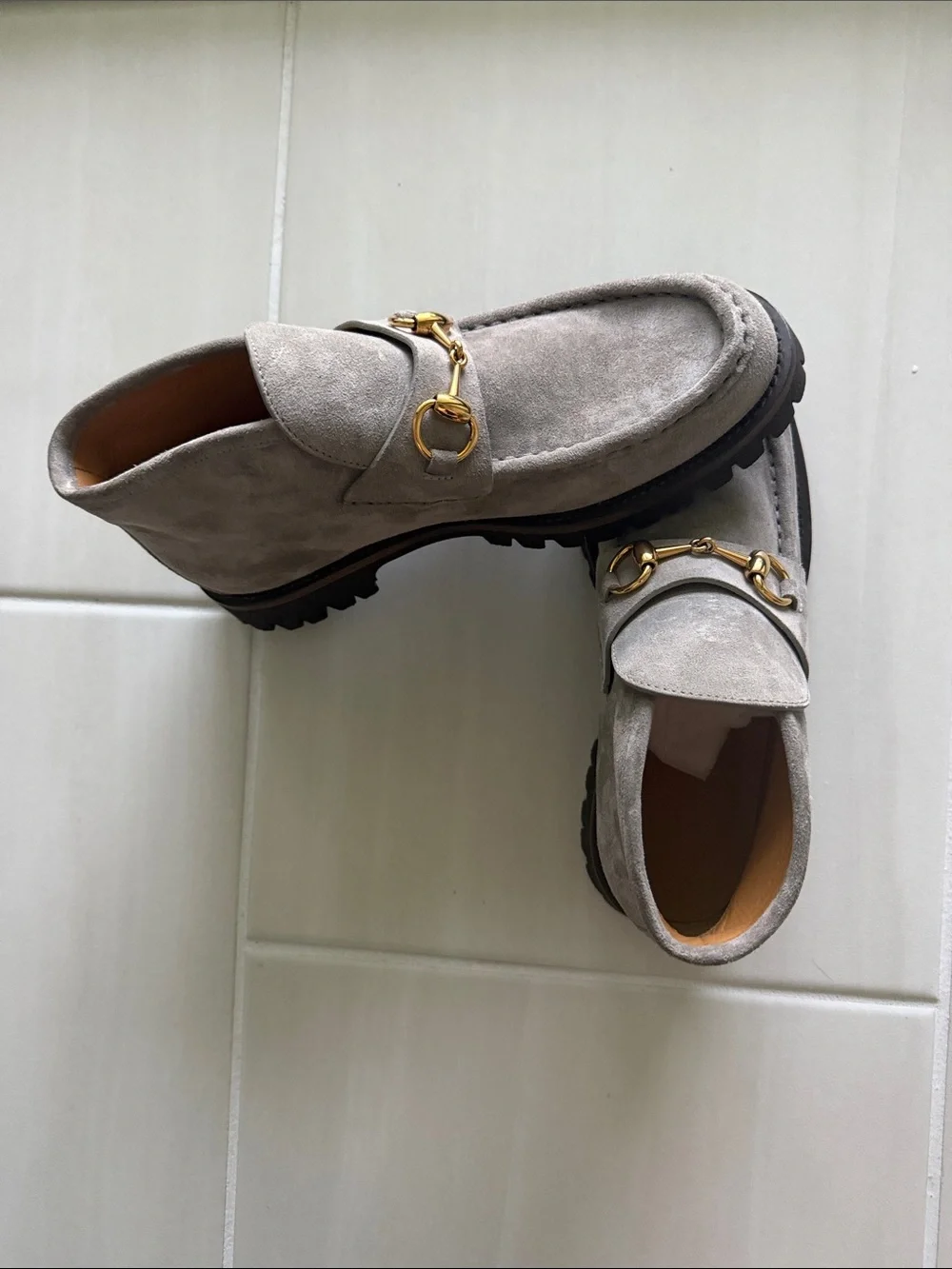 Gucci Light Gray Suede Horsebit Loafers